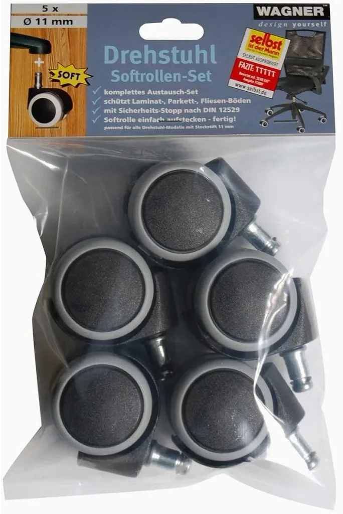 Drehstuhlrollen/Bürostuhlrollen 5 teilig Ø 50 mm, soft, intervallgebremst, Steckstift 11 x 20 mm, Tragkraft 50 kg/Rolle