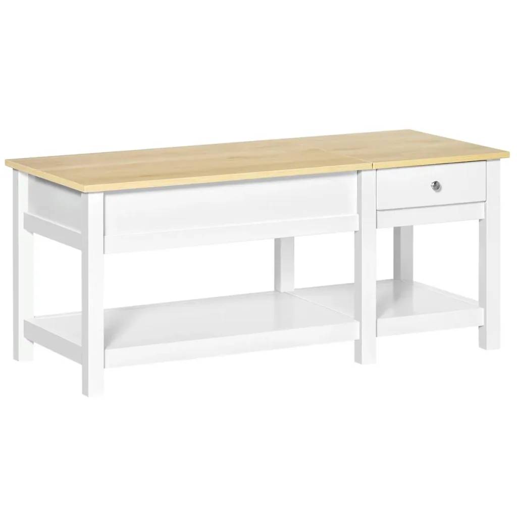 Couchtisch Wohnzimmertisch mit Schublade Beistelltisch Kaffeetisch Teetisch Nachttisch MDF Weiß+Eiche 108 x 48 x 48 cm