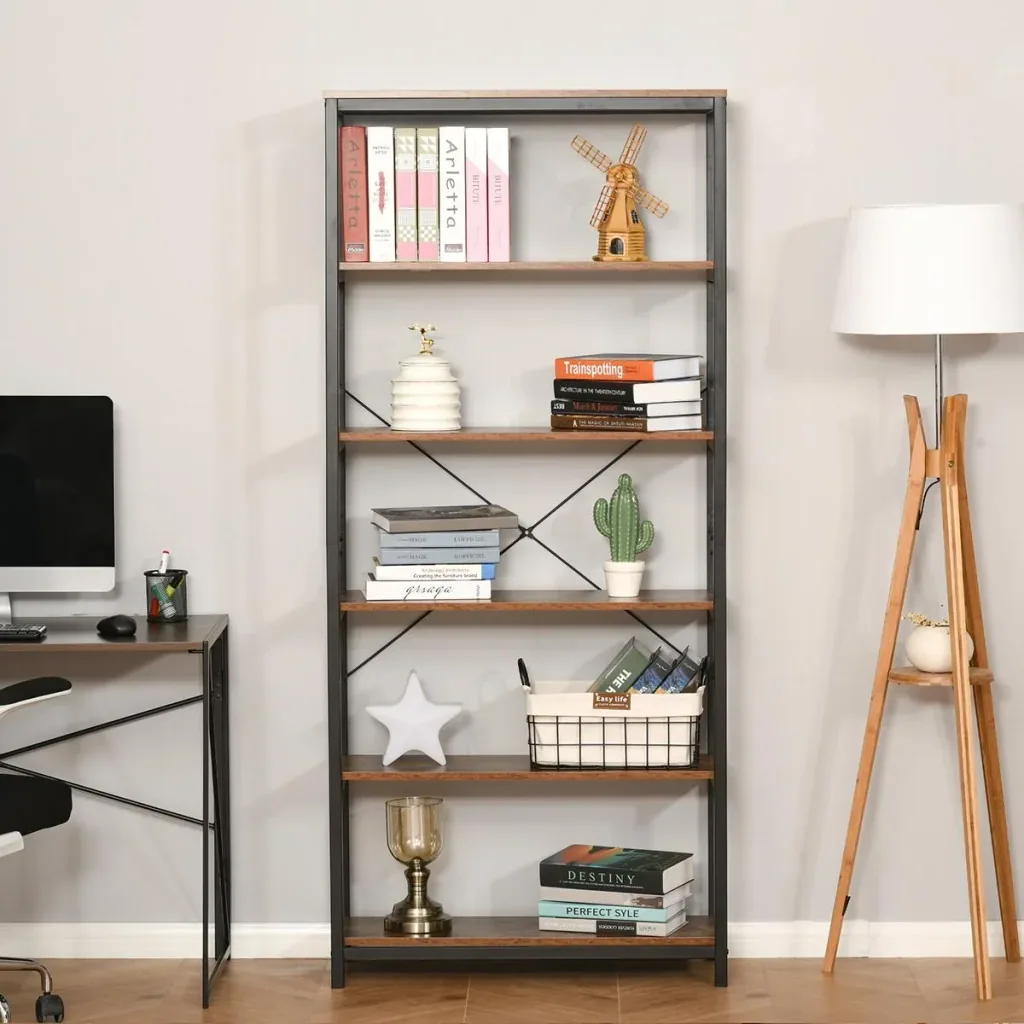 Bücherregal mit 5 Fächer, Standregal, Industriestil, Wohnzimmer, Schlafzimmer, Büro, E1 Spanplatte, Braun, 80 x 30 x 180