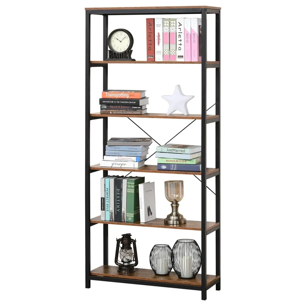 Bücherregal mit 5 Fächer, Standregal, Industriestil, Wohnzimmer, Schlafzimmer, Büro, E1 Spanplatte, Braun, 80 x 30 x 180