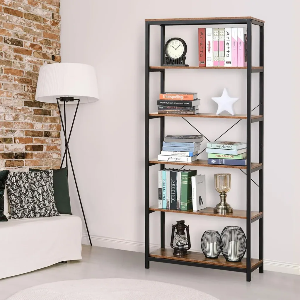 Bücherregal mit 5 Fächer, Standregal, Industriestil, Wohnzimmer, Schlafzimmer, Büro, E1 Spanplatte, Braun, 80 x 30 x 180