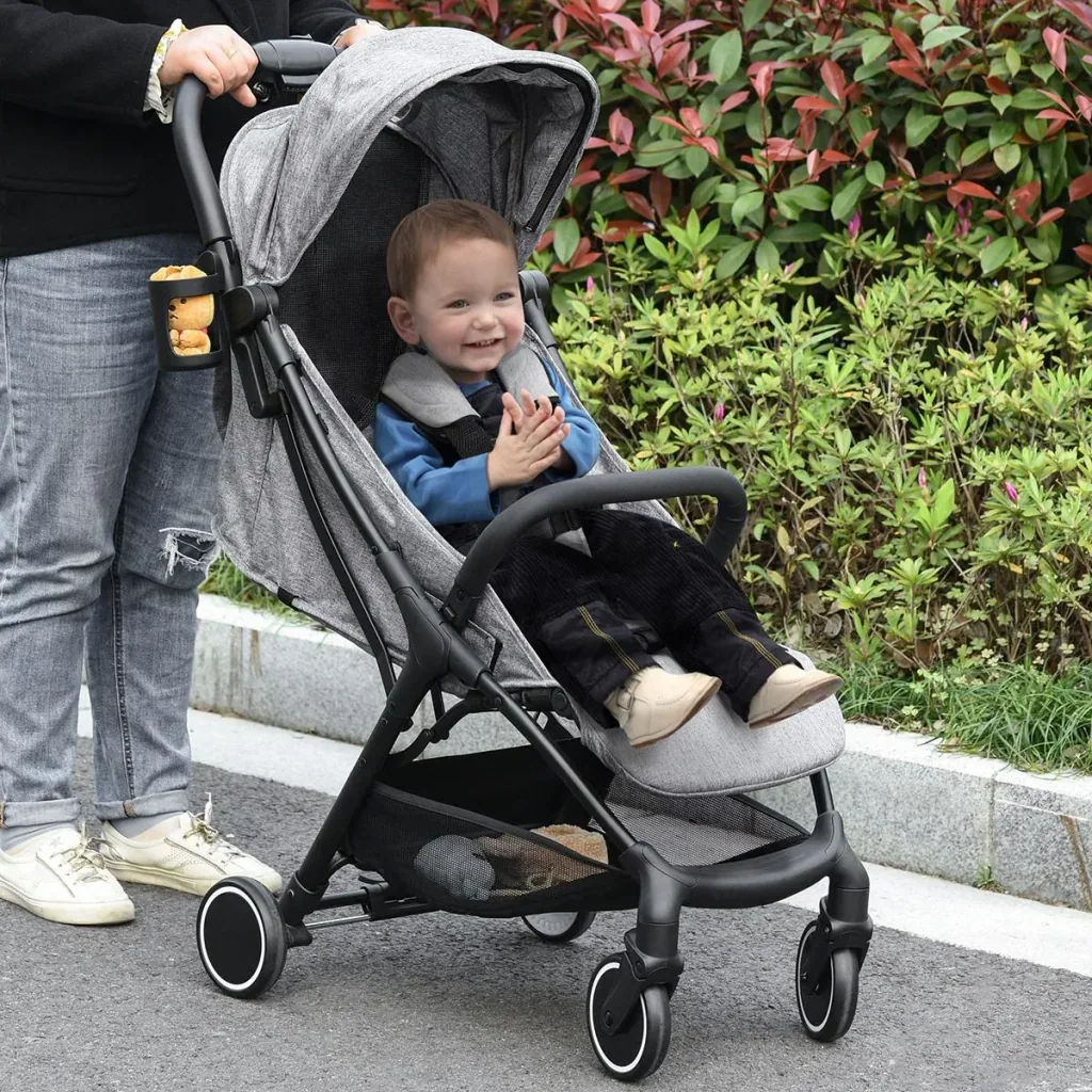 Kinderwagen mit Sonnensegel faltbarer Baby Buggy mit verstellbarer Rückenlehne und Fußstütze Aluminium Leinen EVA Grau+S