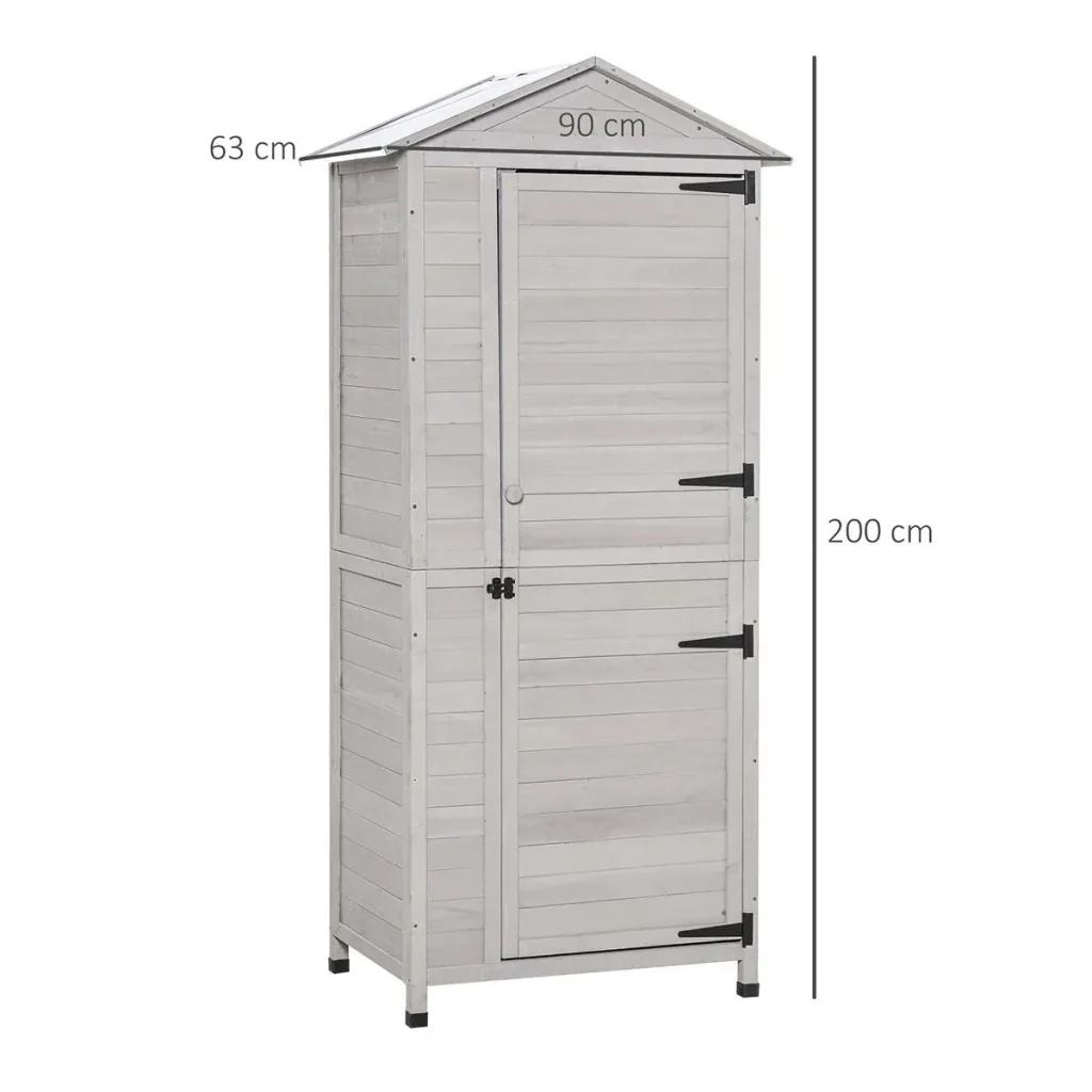 Gartenschrank Holz Geräteschuppen Gerätehaus Gartenhaus mit Regalböden Asphaltdach Hellgrau 90 x 63 x 200 cm
