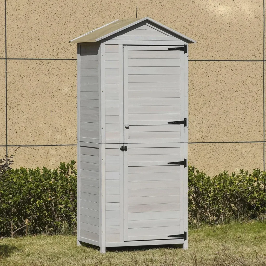 Gartenschrank Holz Geräteschuppen Gerätehaus Gartenhaus mit Regalböden Asphaltdach Hellgrau 90 x 63 x 200 cm