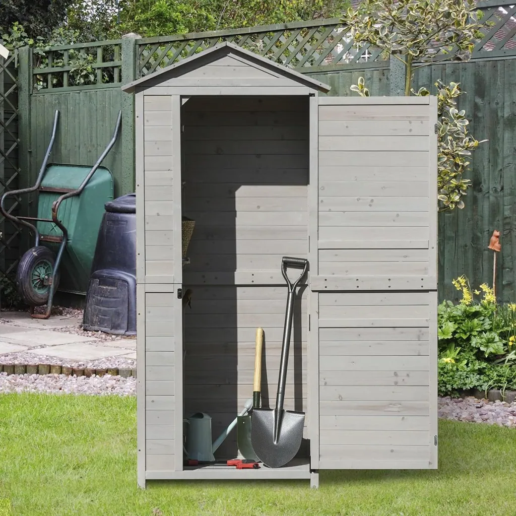 Gartenschrank Holz Geräteschuppen Gerätehaus Gartenhaus mit Regalböden Asphaltdach Hellgrau 90 x 63 x 200 cm