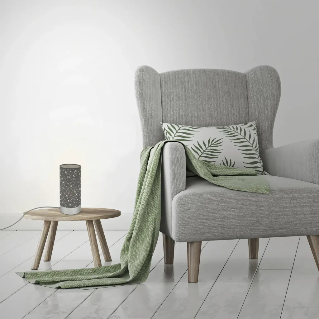 STEA Tischleuchte, matt- chrom,  Stoff grau mit Sternendekor, Kabelschalter, E14 Fassung