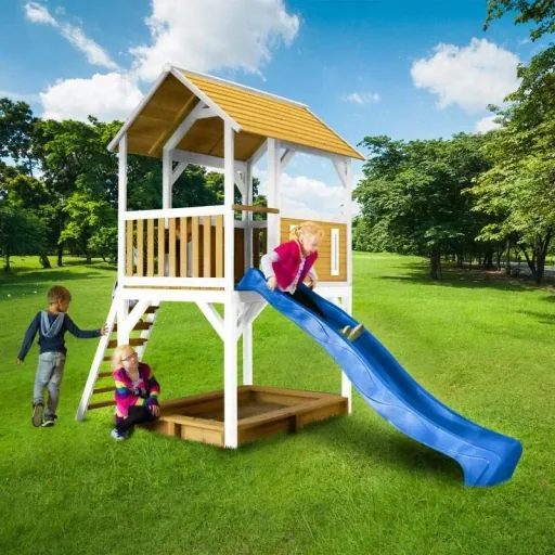 Pumba Spielturm Braun/Weiß - Blaue Rutsche