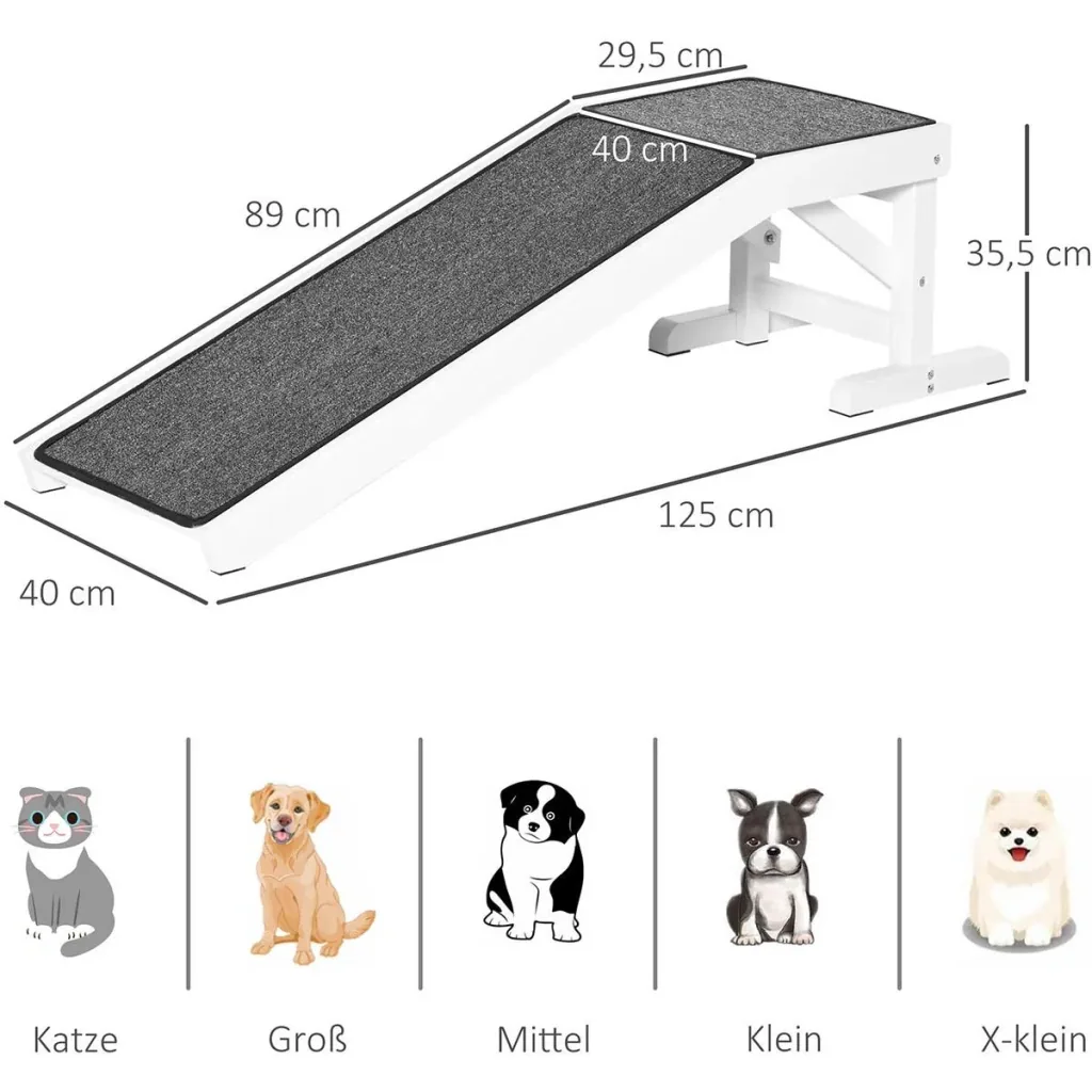 Haustierrampe mit rutschfestem Teppich Haustierleiter Hunderampe für Hund bis 30 kg Kiefernholz Polyester Weiß+Grau 125