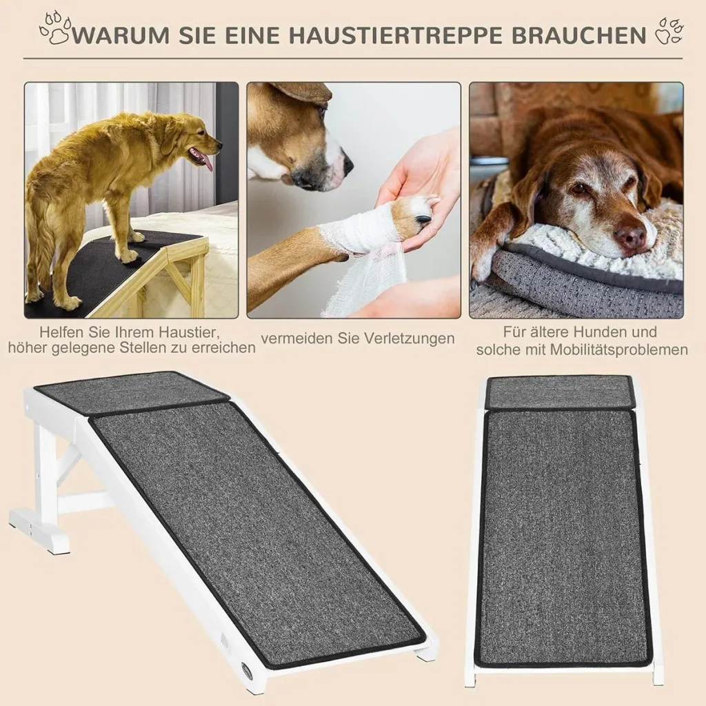 Haustierrampe mit rutschfestem Teppich Haustierleiter Hunderampe für Hund bis 30 kg Kiefernholz Polyester Weiß+Grau 125
