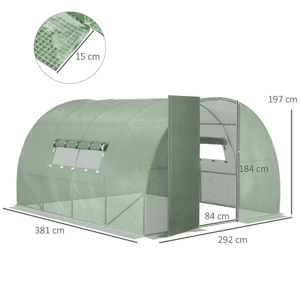 Foliengewächshaus 4 x 3 x 2 m Tunnel Gewächshaus Treibhaus Pflanzenhaus Folienzelt 2 Fenster Gitterfolie Grün