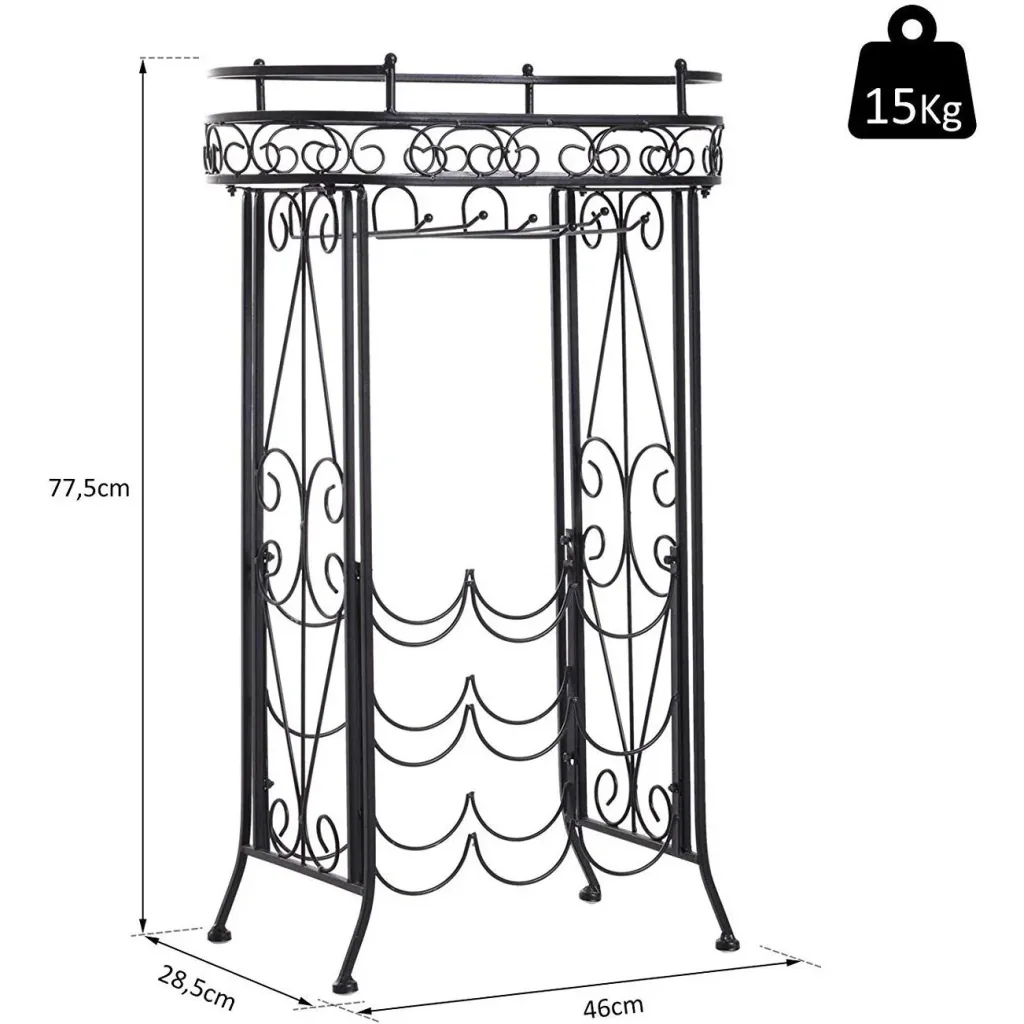 Weinregal Flaschenregal Weinschrank Weinständer für 9 Flaschen und Gläser Metall Schwarz T28,5 x B46 x H77,5 cm