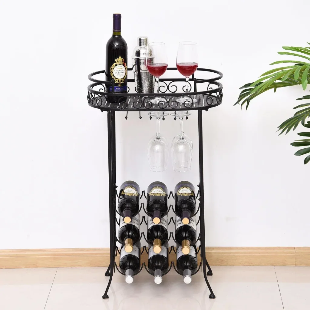 Weinregal Flaschenregal Weinschrank Weinständer für 9 Flaschen und Gläser Metall Schwarz T28,5 x B46 x H77,5 cm