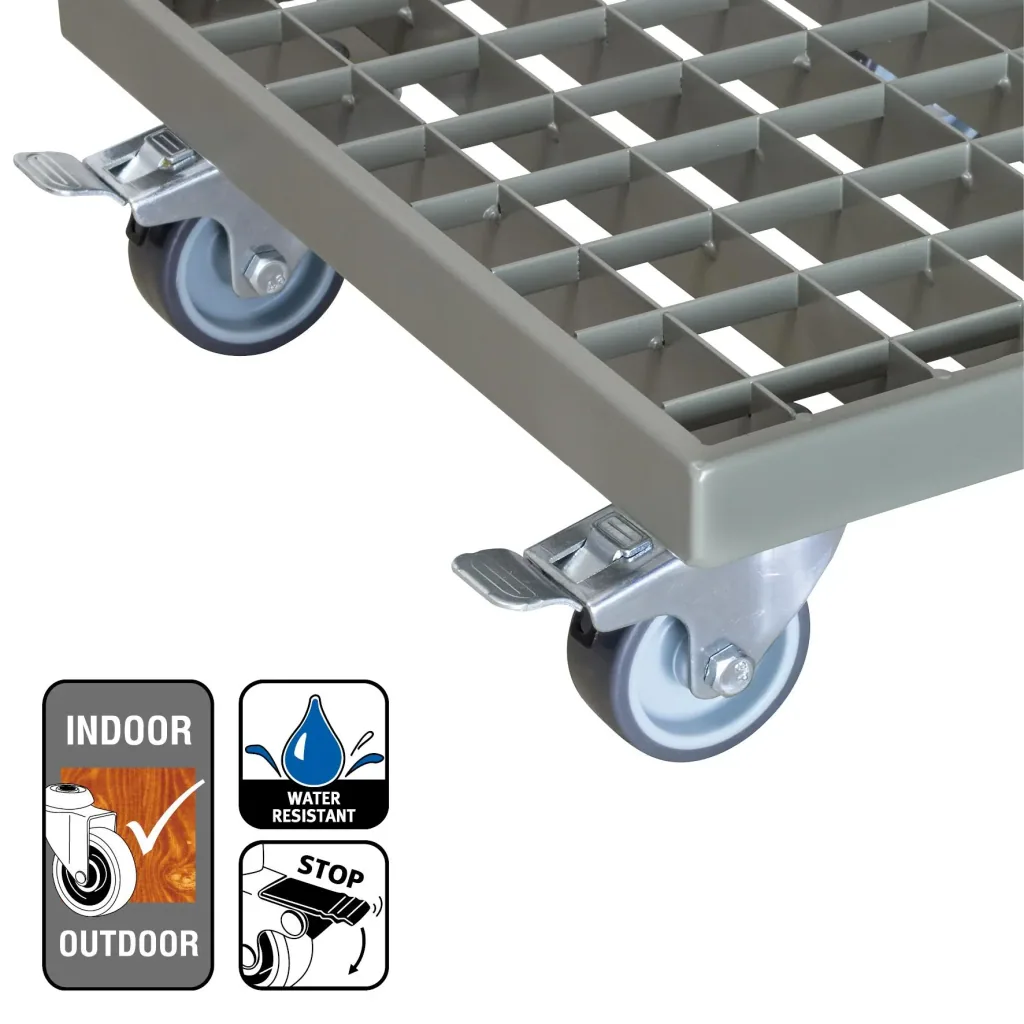 Multi Roller MR 7016, 29 x 29 x 9,5 cm, softe Rollen Ø 50 mm, Rollenlager, 2 Bremsen, Gitterrost, Tragkraft 200 kg