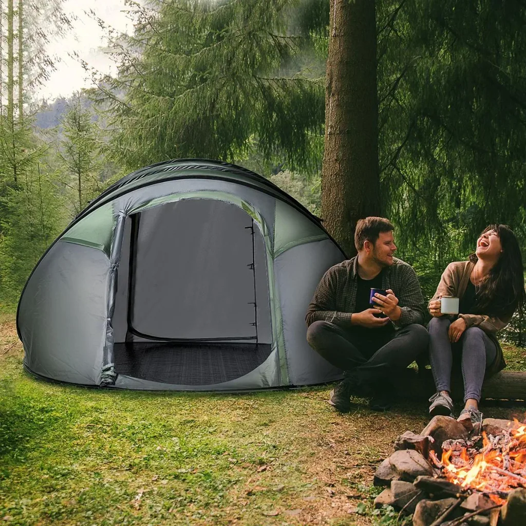 Zelt für 4-5 Personen Campingzelt mit Heringen Kuppelzelt Polyester B3 Gitter Glasfaser Dunkelgrün+Grau 263,5 x 220 x 12