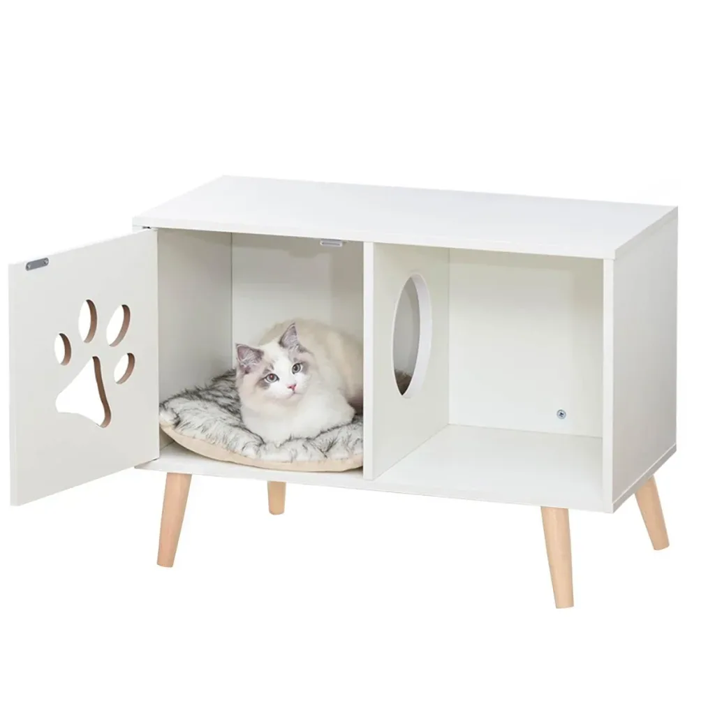 2-in-1 Katzenhaus Katzentoilette Katzenhöhle Katzenwohnung mit magnetischer Türen Kissen Spanplatte Kiefernholz Nylon