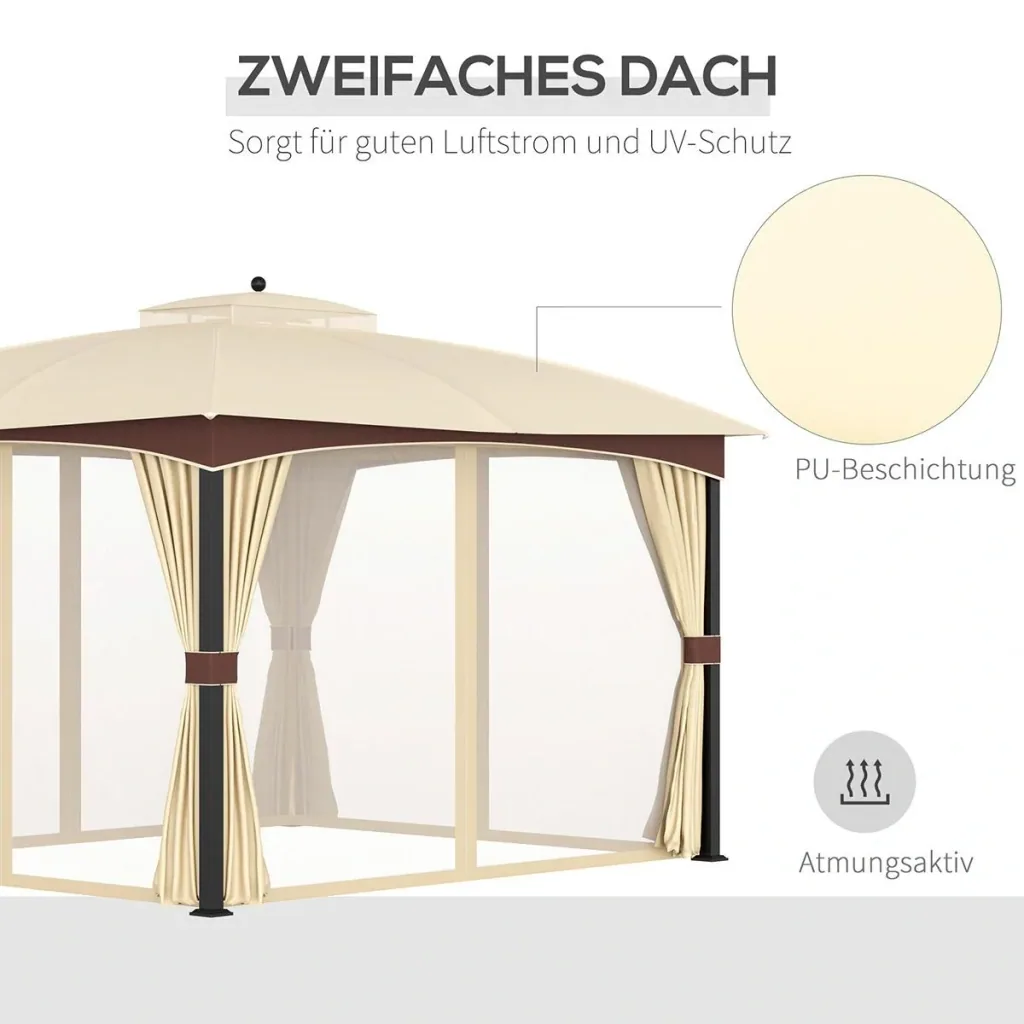 Pavillon mit Seitenwände Partyzelt mit Doppeldach 3x3x2,8m Festzelt Gartenlaube Stahl Polyester Hellgrau