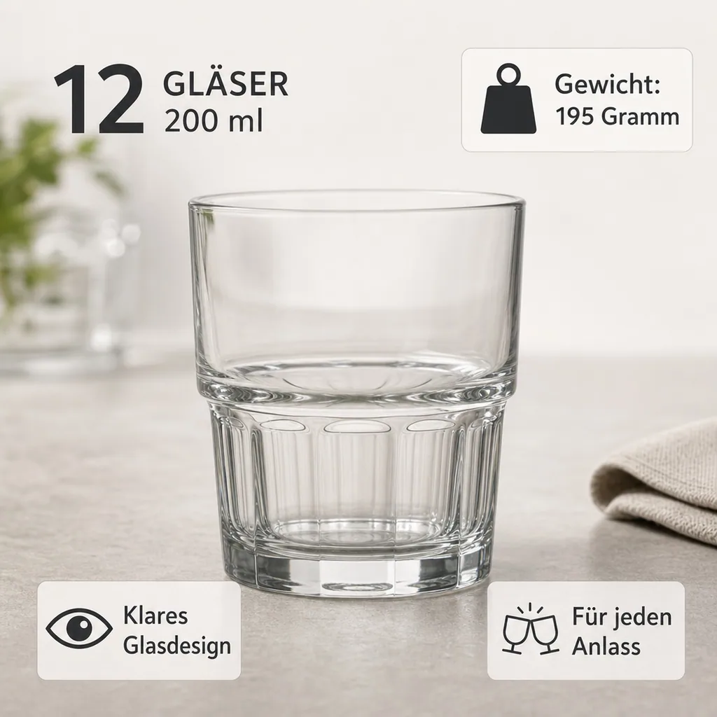 Wassergläser, Trinkgläser, Saftgläser (12 Stück, 200ml) - Next, Robust & Elegant