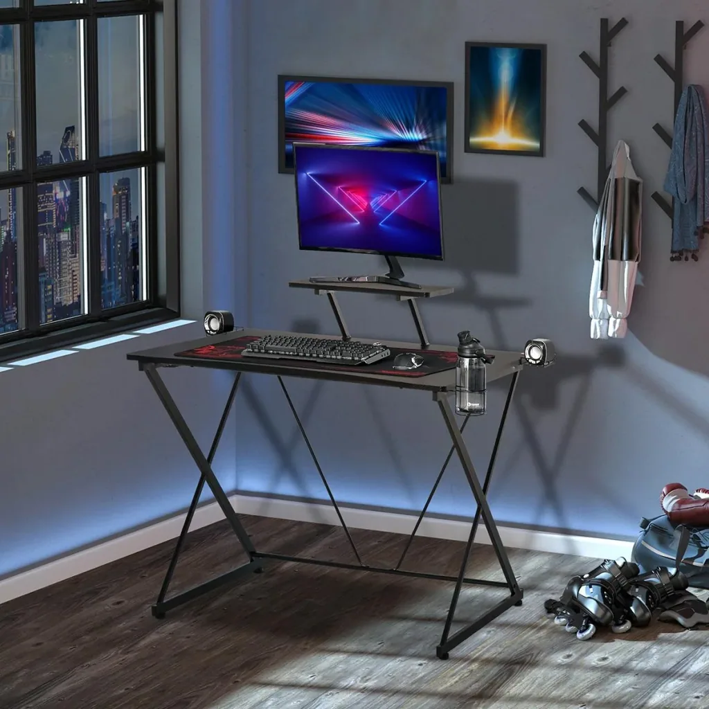 Gaming-Tisch Schreibtisch Computertisch PC Schreibtisch mit Kopfhörerhaken Getränkehalterung Ergonomisches Design Verste