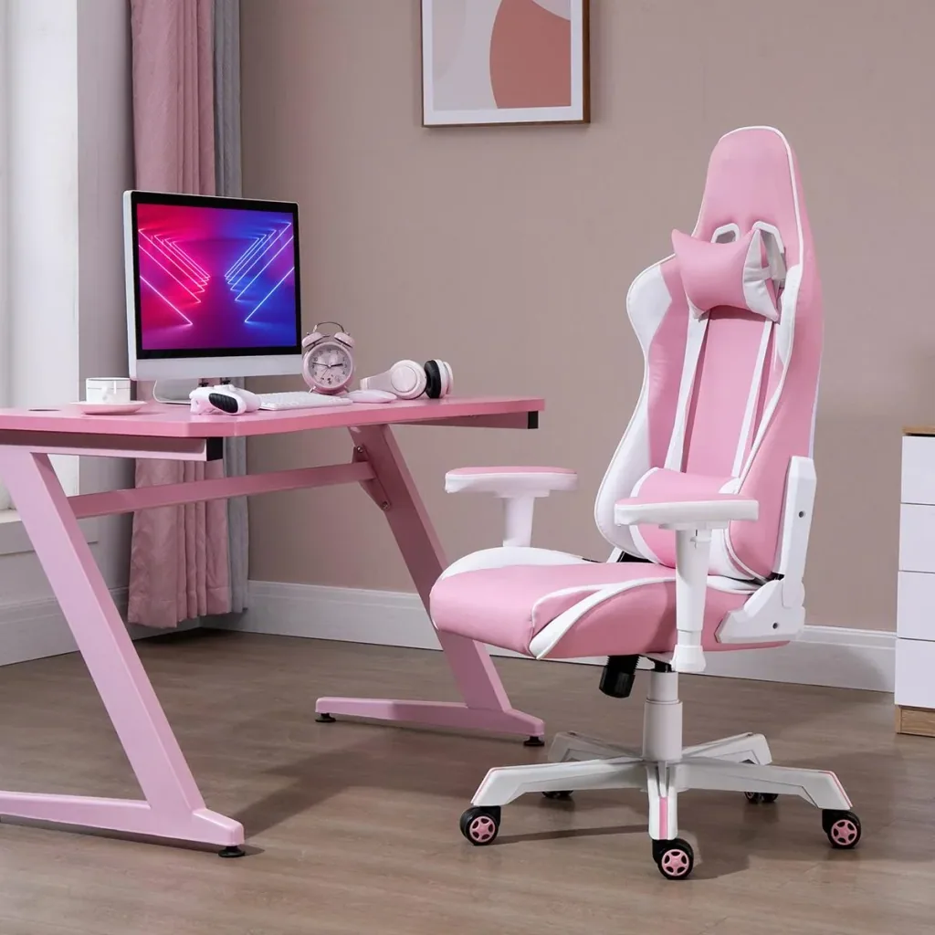 Gamingstuhl mit Kopfstütze Lendenkissen Bürostuhl höhenverstellbar Schaumstoff Kunstleder Nylon Rosa+Weiß 71 x 73 x 128-