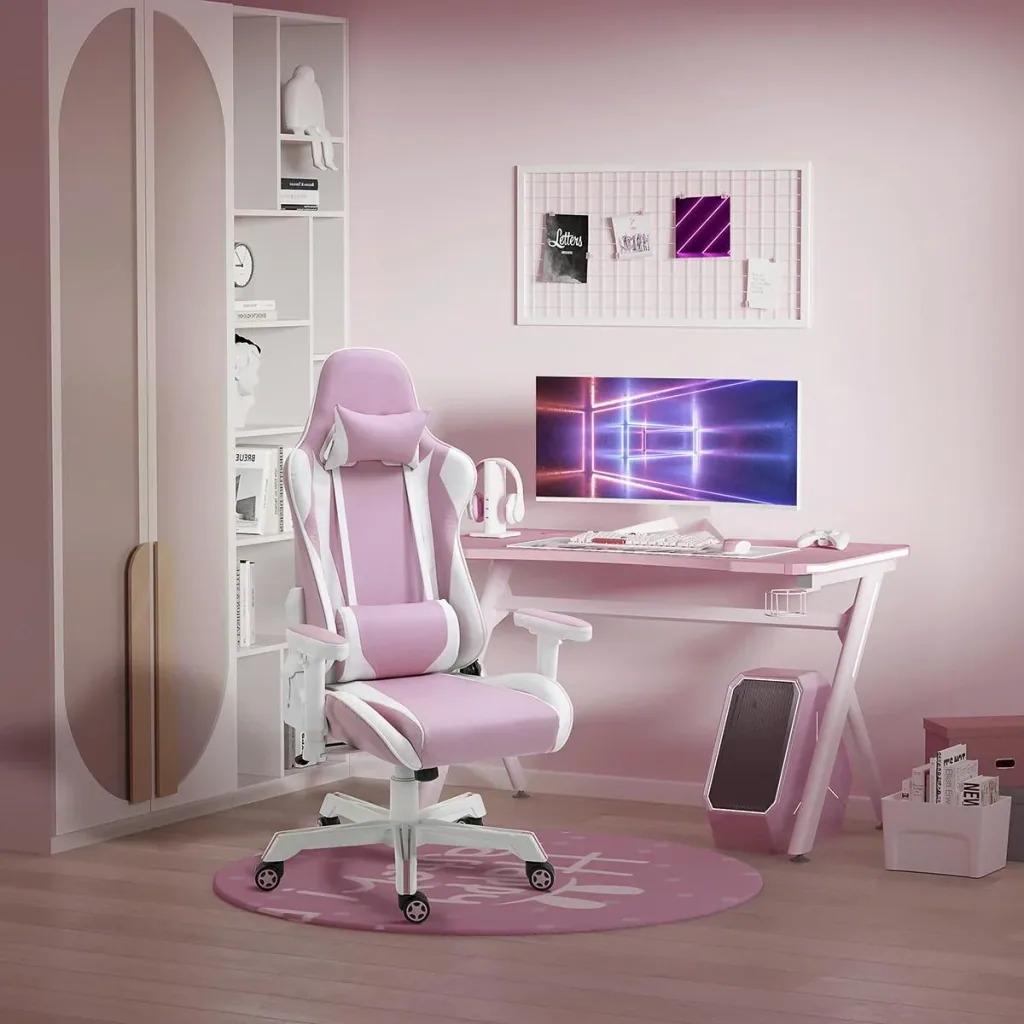 Gamingstuhl mit Kopfstütze Lendenkissen Bürostuhl höhenverstellbar Schaumstoff Kunstleder Nylon Rosa+Weiß 71 x 73 x 128-