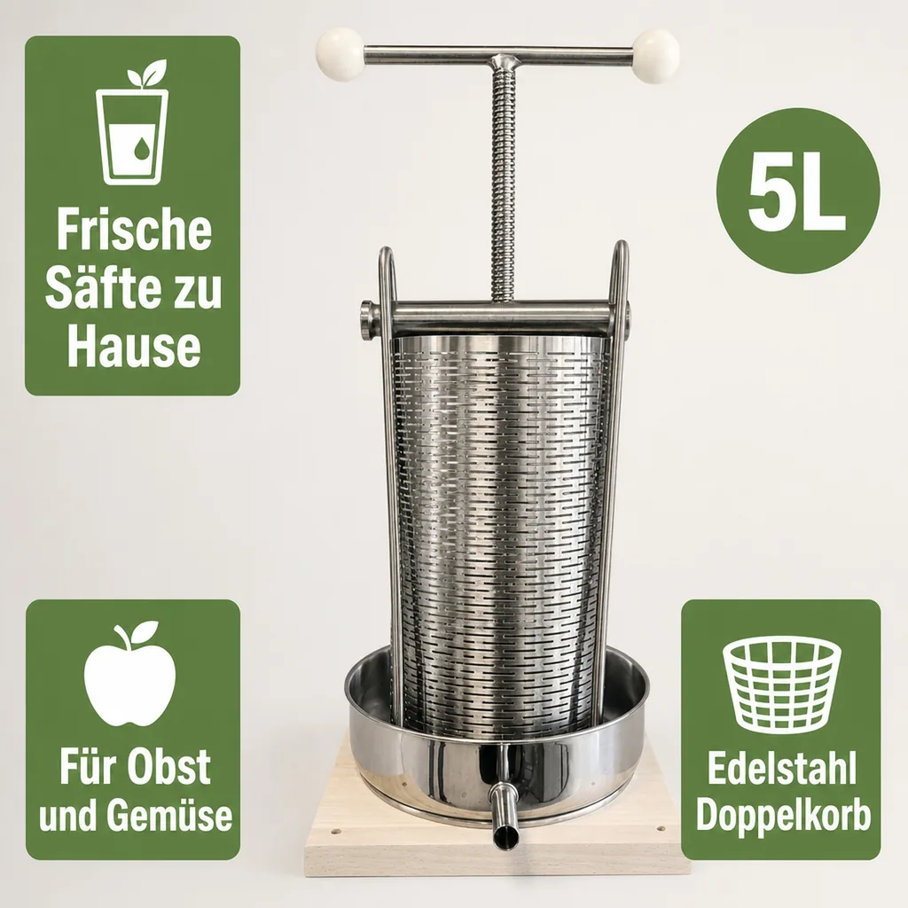 Saftpresse, Obstpresse, Weinpresse, Apfelpresse - Maxi, mit Edelstahl Doppelkorb, 5L