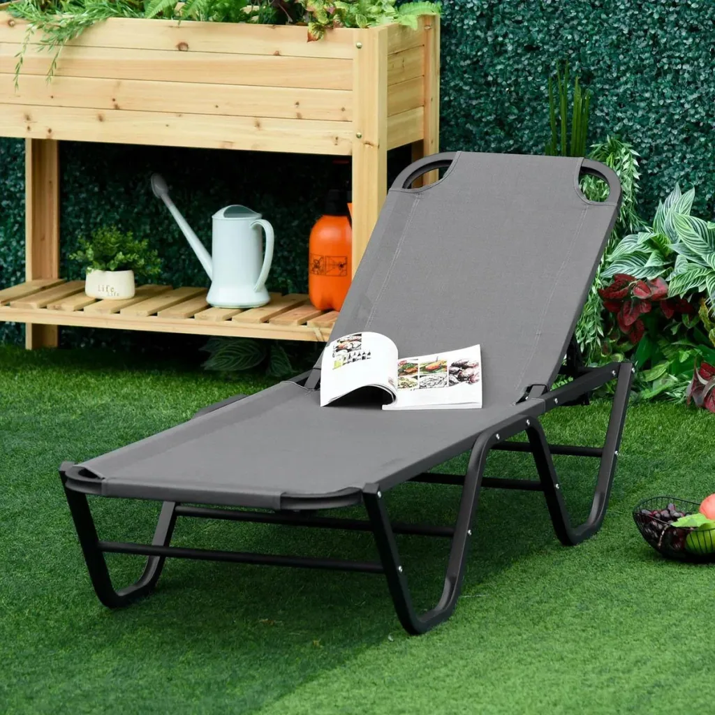 Sonnenliege Strandliege 5-Stufige Alu Gartenliege Relaxliege Texteline Grau+Schwarz 163 x 58,5 x 91 cm