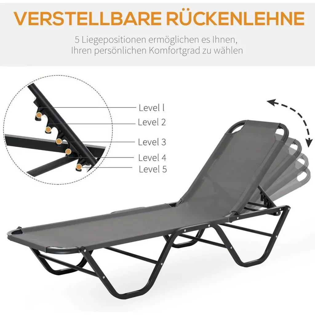 Sonnenliege Strandliege 5-Stufige Alu Gartenliege Relaxliege Texteline Grau+Schwarz 163 x 58,5 x 91 cm