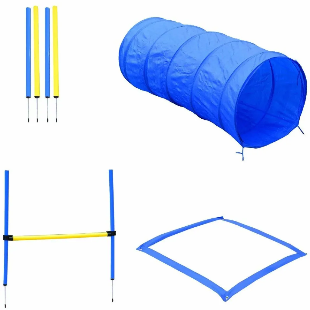Hund Agility Set/Slalom Tunnel Hürde inkl. Tragetasche Blau/Gelb
