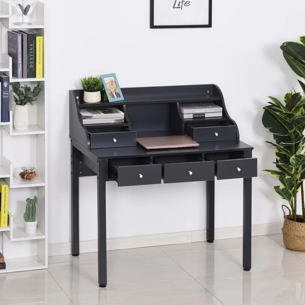 Schreibtisch mit Regal Schublade, Arbeitstisch, Computertisch, Bürotisch, MDF, Dunkelgrau, 100 x 60 x 105 cm
