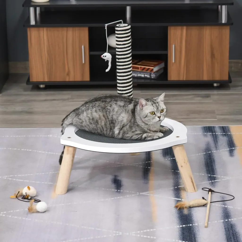 Katzenbett, Katzen Bettchen Gross, Katzenfangpfosten und Spielzeug-Maus, MDF, Tannenholz, Oxford-Tuch, Sisal, Weiß+Grau+