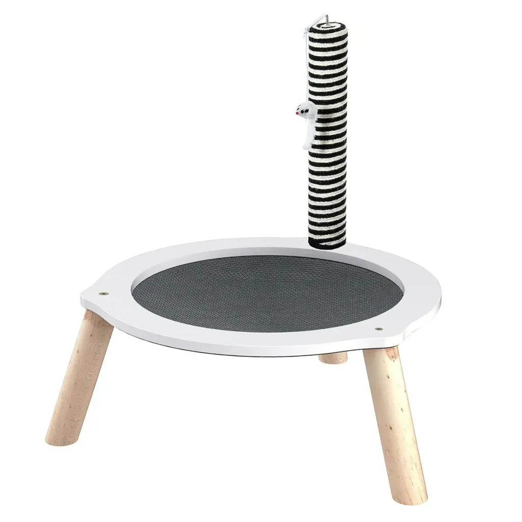 Katzenbett, Katzen Bettchen Gross, Katzenfangpfosten und Spielzeug-Maus, MDF, Tannenholz, Oxford-Tuch, Sisal, Weiß+Grau+