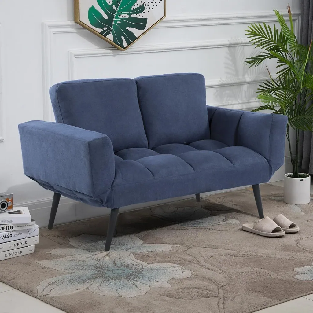 Schlafsofa Klappsofa 2-Sitzer Stoffsofa Bettsofa Sofa mit Schlaffunktion Sofagarnitur Samt Metall Blau 151 x 75 x 83 cm