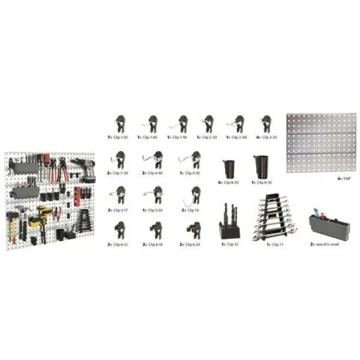 Super Clip Set - Werkzeugwand aus Stahl - Aufbewahrungssystem - 46 Stück - 104 x 88 x 1,1 cm