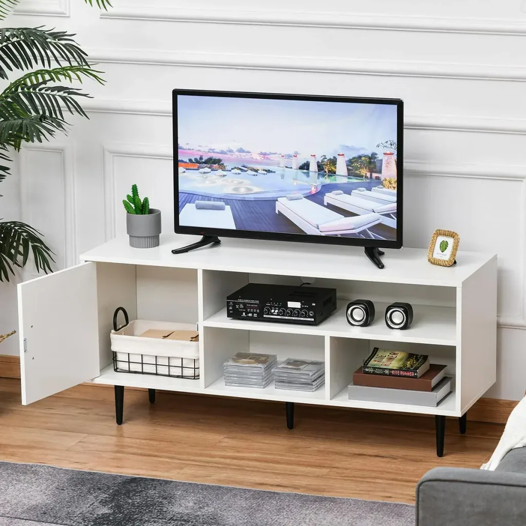Fernsehtisch Fernsehschrank mit Schrank Regale TV-Board für TVs bis zu 60'' Wohnzimmer Schlafzimmer Spanplatte Metallbei