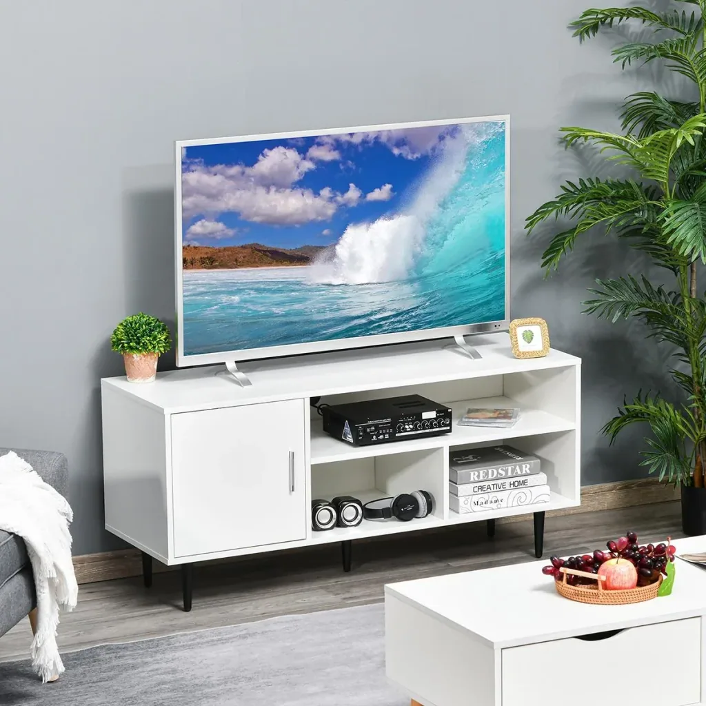 Fernsehtisch Fernsehschrank mit Schrank Regale TV-Board für TVs bis zu 60'' Wohnzimmer Schlafzimmer Spanplatte Metallbei