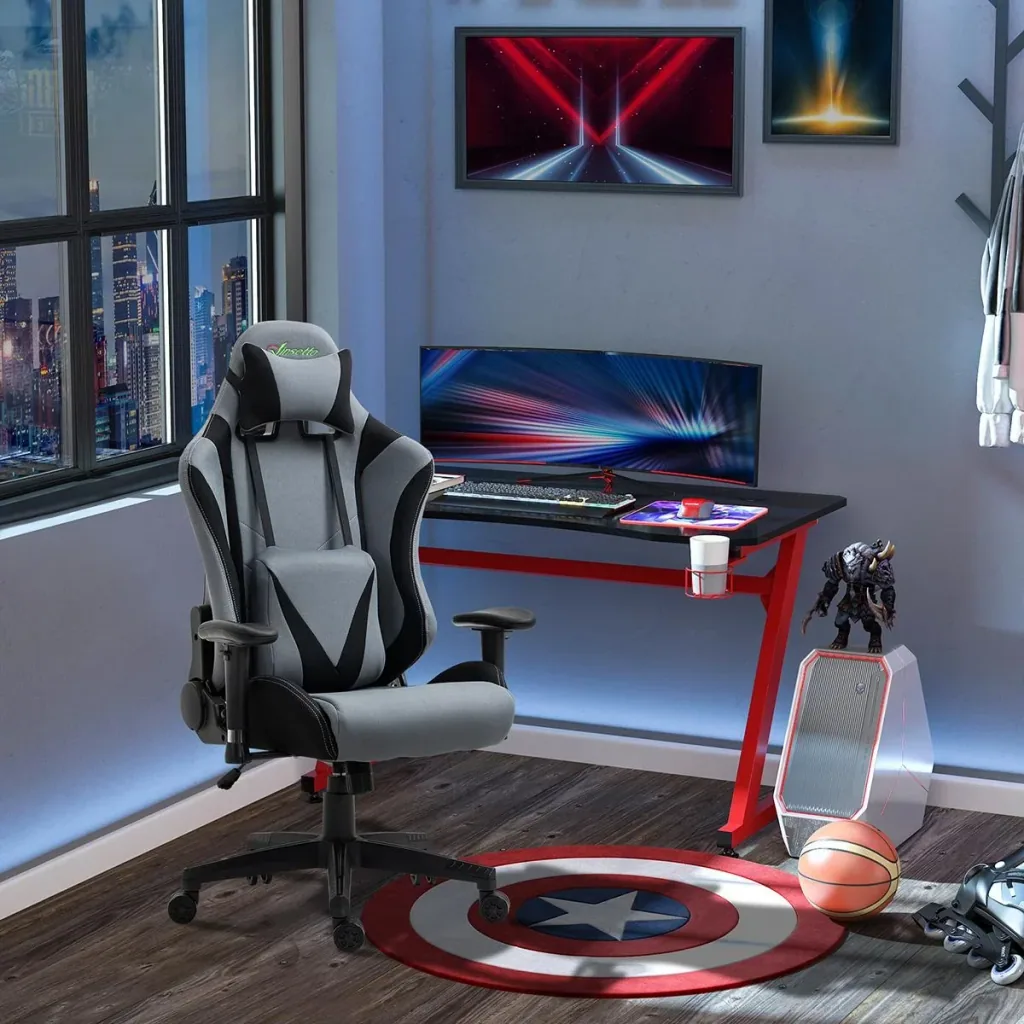 Gaming Stuhl Ergonomischer Bürostuhl Drehstuhl mit Kissen und Rückenlehne verstellbar Schaumstoff Spandex-Gewebe Schwarz
