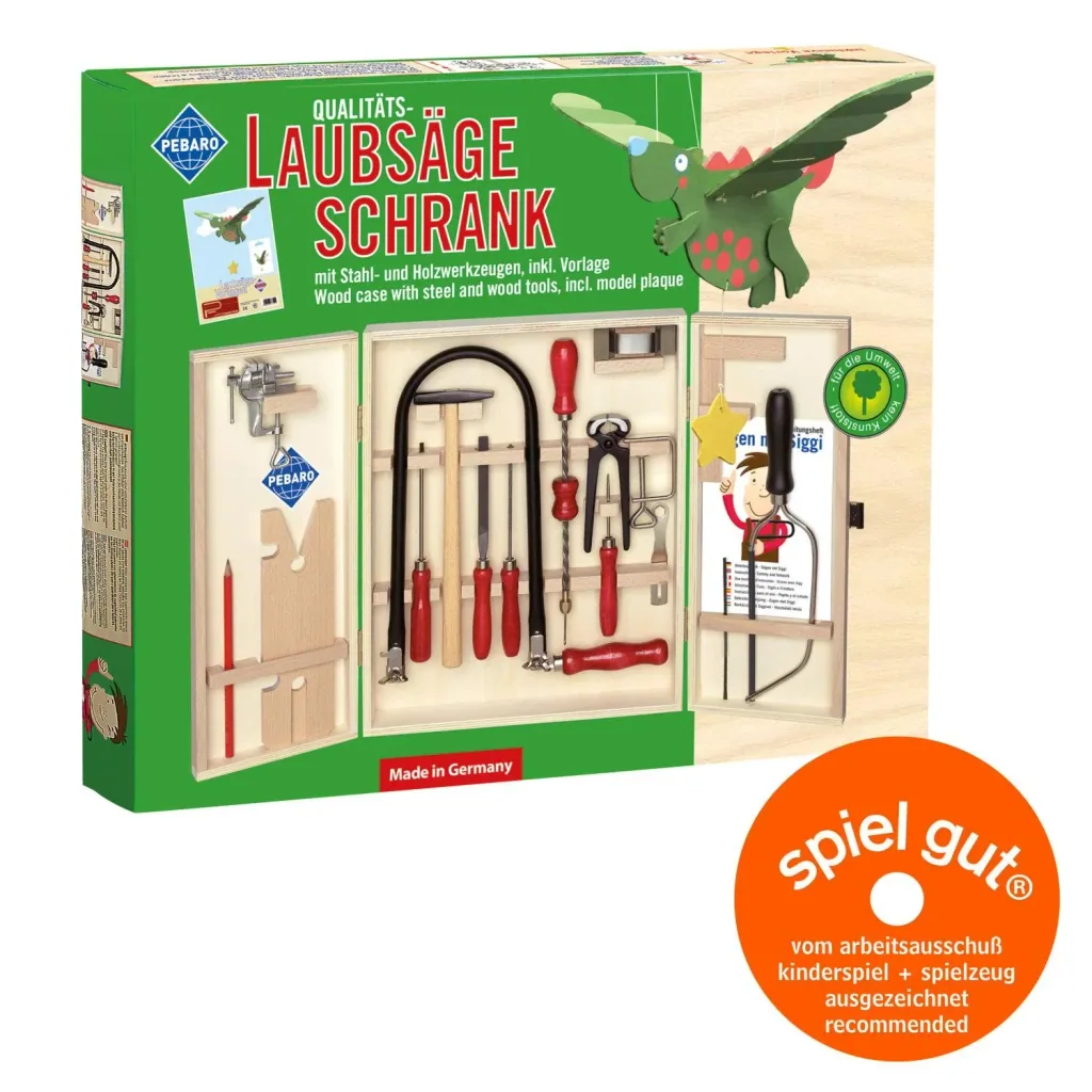 Laubsägeschrank mit Einspannhalter + Bastelvorlage (kein Kunststoff)