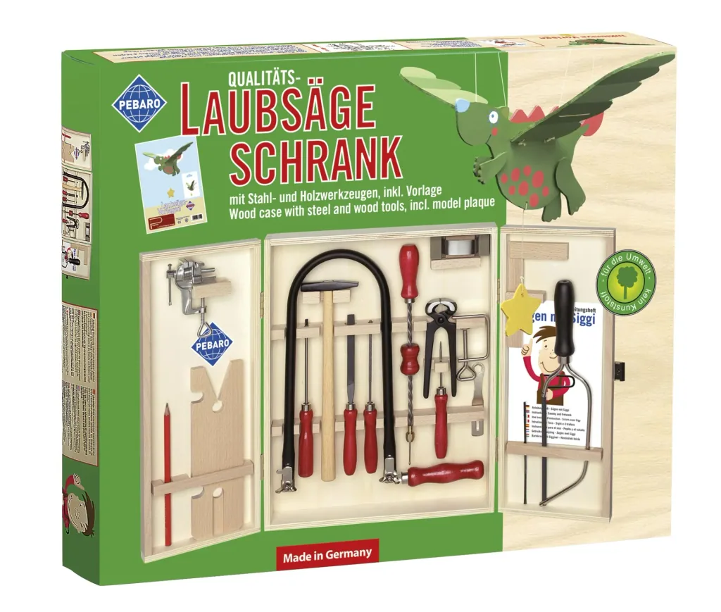 Laubsägeschrank mit Einspannhalter + Bastelvorlage (kein Kunststoff)