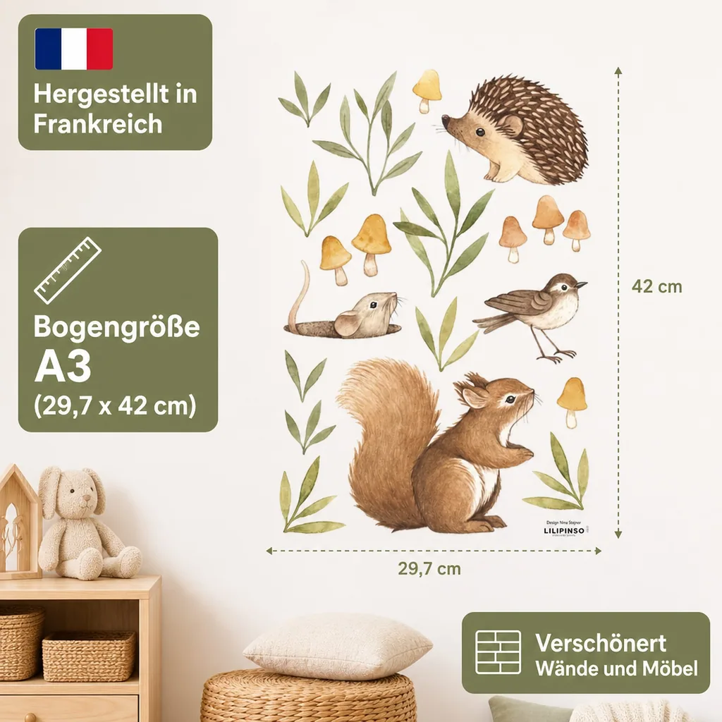 Lilipinso Wandsticker A3 Waldtiere mit Pilzen braun grün
