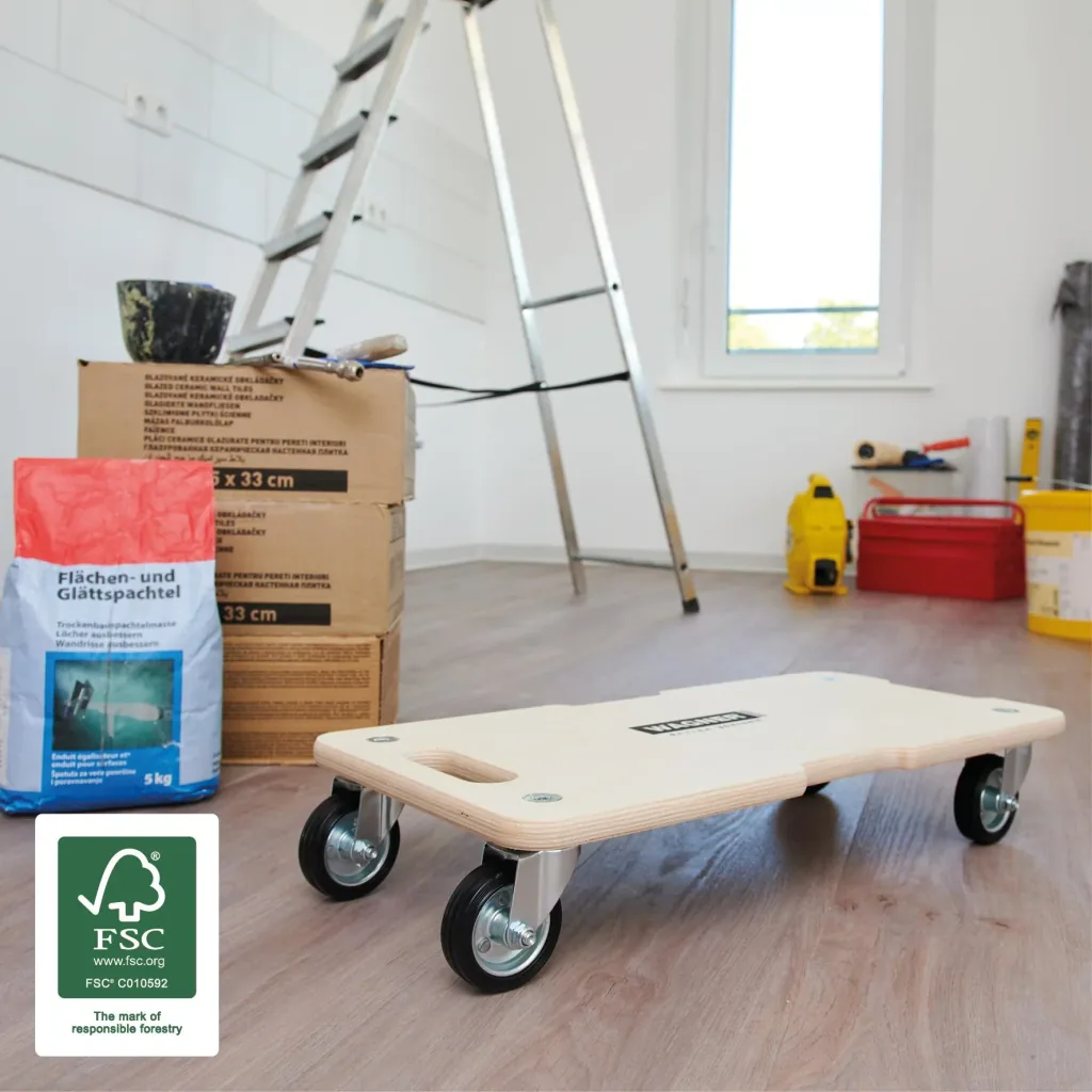 Transporthilfe MM 1327, 59 x 29 x 12 cm, harte Rollen Ø 75 mm, Rollenlager, Multiplex Birke FSC®, Tragkraft 300 kg