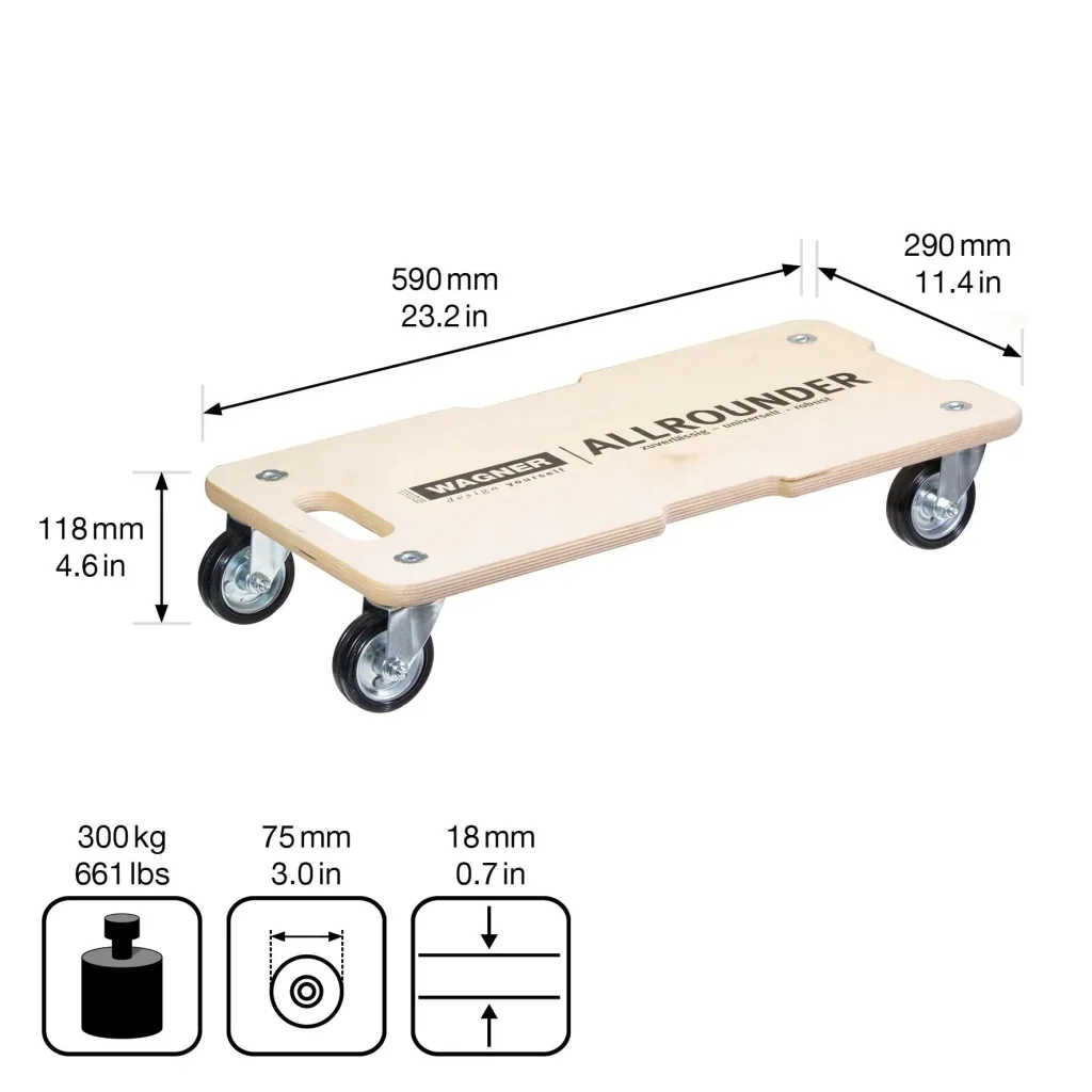 Transporthilfe MM 1327, 59 x 29 x 12 cm, harte Rollen Ø 75 mm, Rollenlager, Multiplex Birke FSC®, Tragkraft 300 kg