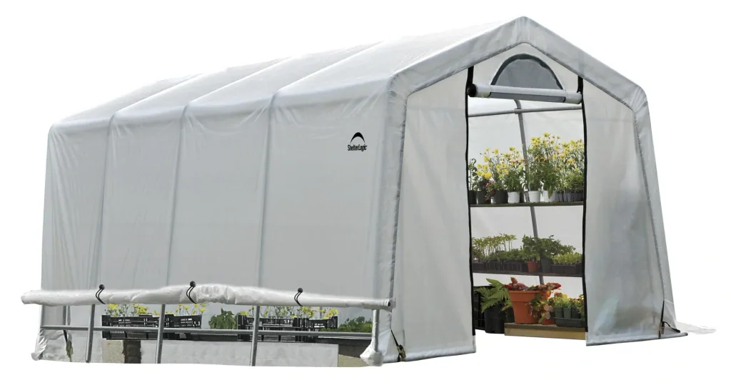 ShelterLogic Gewächshaus 18,3 m² Weiß, 300×610 cm – begehbares Foliengewächshaus mit Aufrolltür, wetterfest
