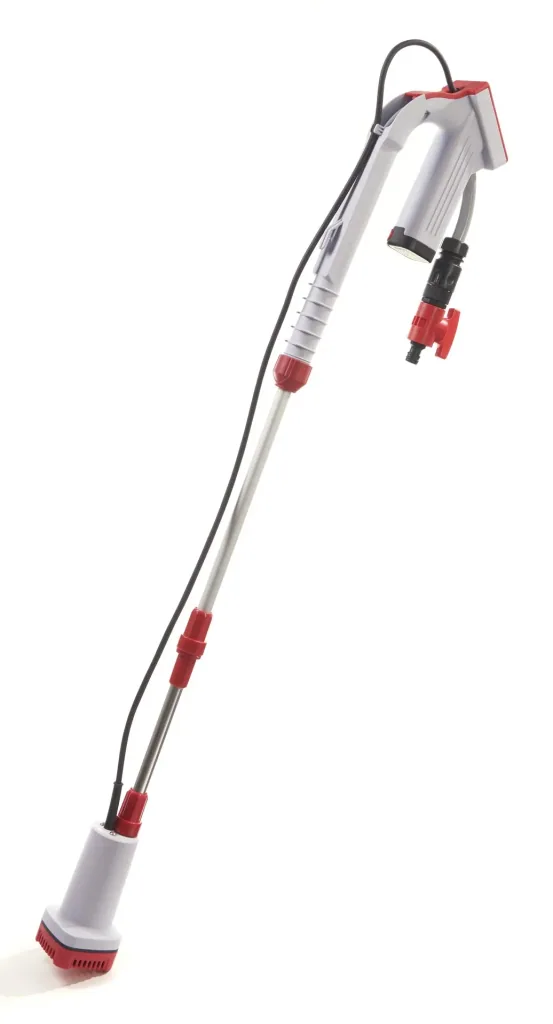 Set Akku-Regenfasspumpe, teleskopierbar, 12 Volt + Regentonnen-Netz 95 cm + Gartenschlauch-Set „Economic ½“, 20 Meter