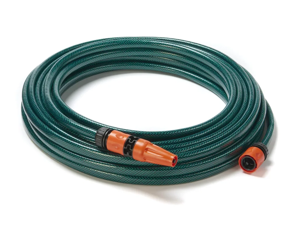 Set Akku-Regenfasspumpe, teleskopierbar, 12 Volt + Regentonnen-Netz 95 cm + Gartenschlauch-Set „Economic ½“, 20 Meter
