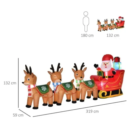 Aufblasbarer Weihnachtsmann auf Schlitten mit 3 Hirschen 1,3 m