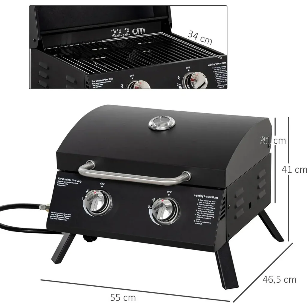 Mobiler Gasgrill - 2 Brenner - Schwarz - 55 x 46,5 x 41 cm