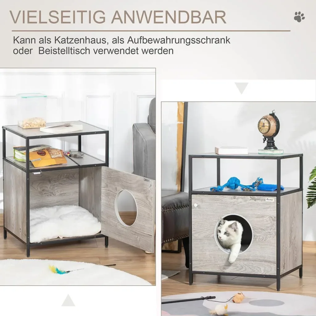 Katzenhöhle Katzenschrank Katzenbett Katzenhaus mit Tür offenem Regal Katzenkommode Beistelltisch Spanplatte Plüsch Grau