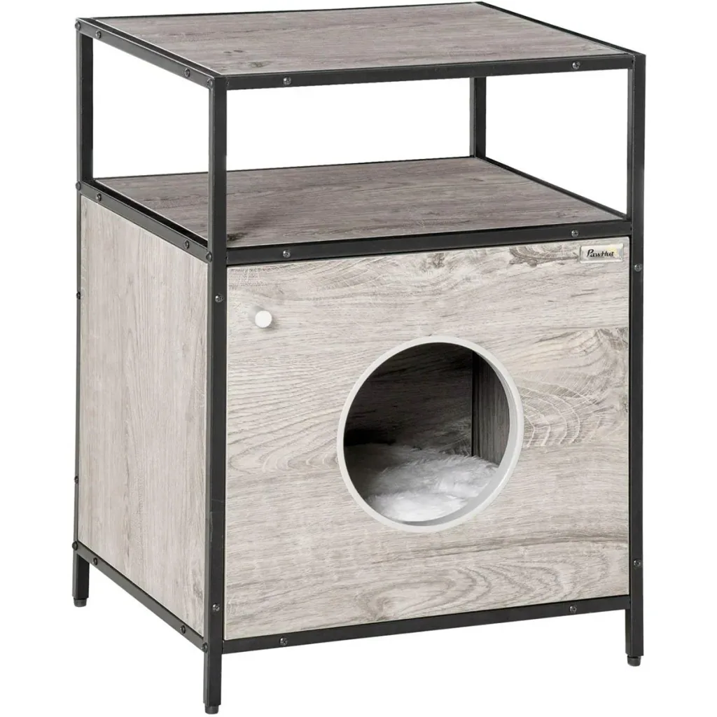 Katzenhöhle Katzenschrank Katzenbett Katzenhaus mit Tür offenem Regal Katzenkommode Beistelltisch Spanplatte Plüsch Grau