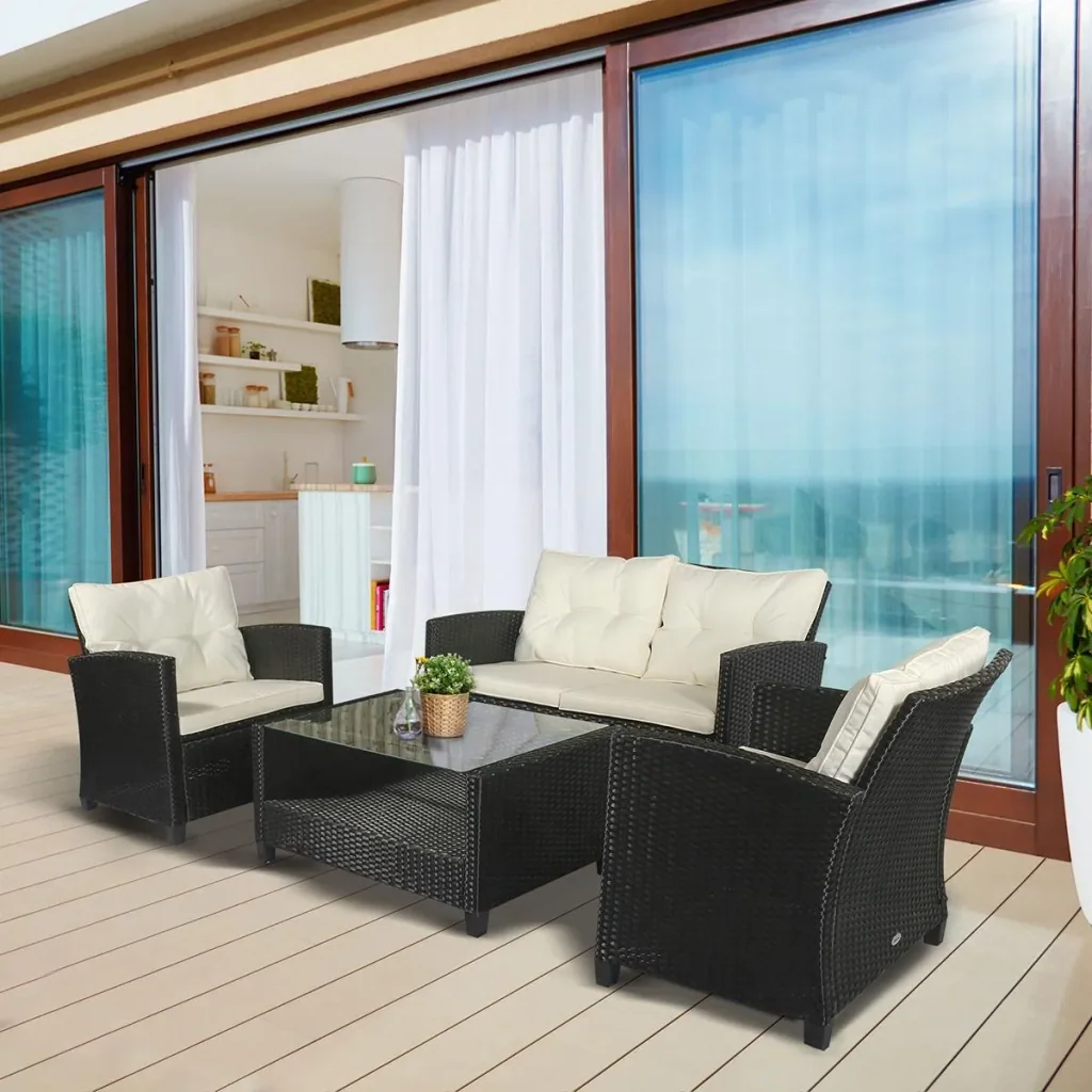Polyrattan Sitzgarnitur 4 tlg. Sitzgruppe Gartenset Sofagarnitur Gartenmöbel Set Lounge Metall Luxus Schwarz