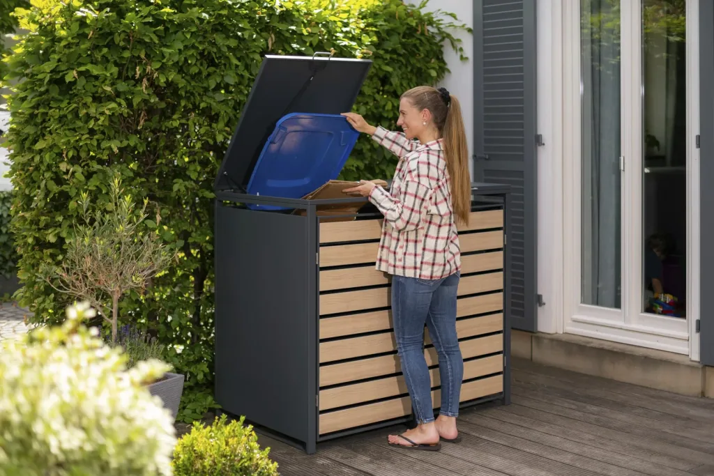 Westmann Mülltonnenbox Lacina für 2x 240 L, 132×80×116 cm, Holzoptik – pulverbeschichteter Stahl
